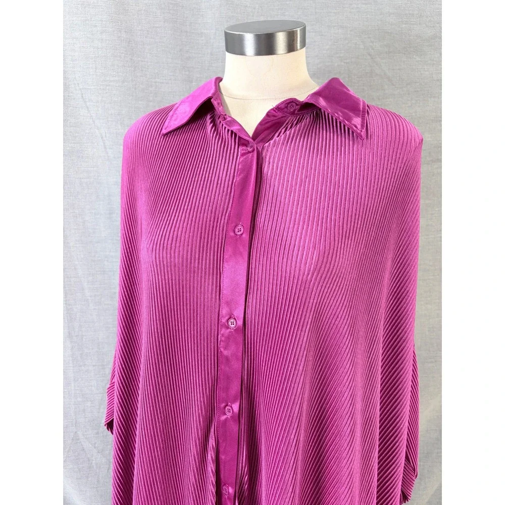 12th Tribe Magenta Pink‎ Plisse Pleated Shirt Dress Oversized Tunic L